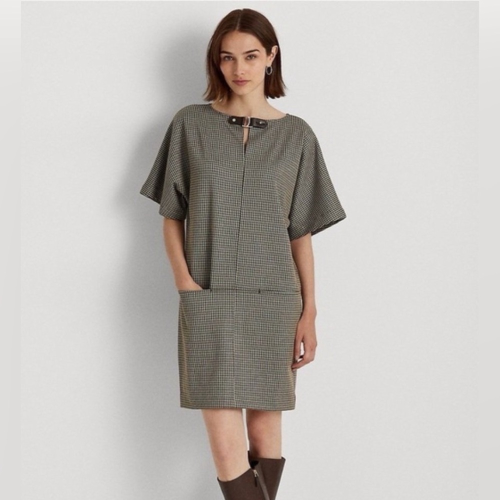 Lauren Ralph Lauren Houndstooth Jacquard Shift Dress Buckle Trim Medium
